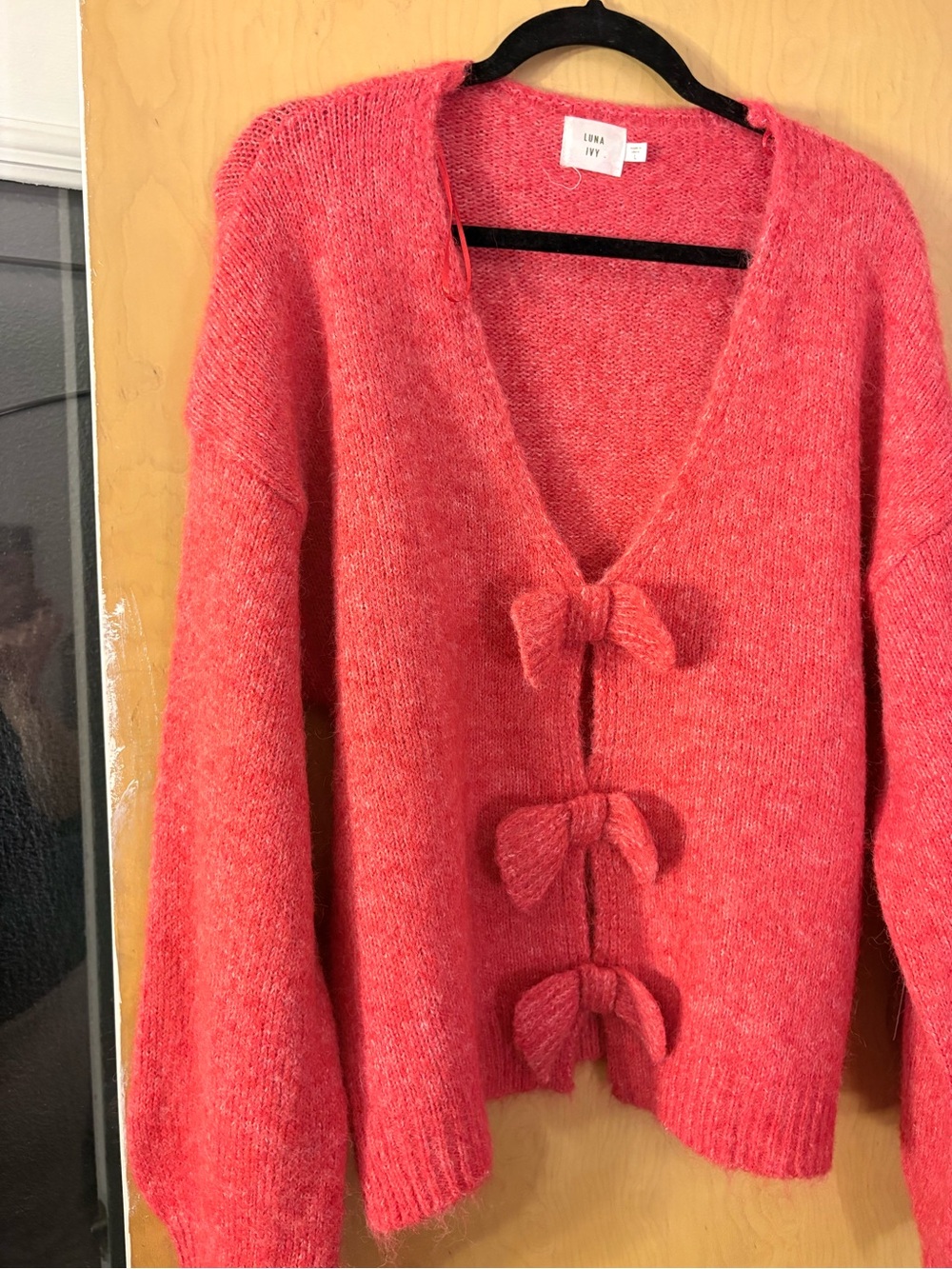 Luna Ivy Coral Pink Bow-Front V-Neck Fuzzy Cardigan